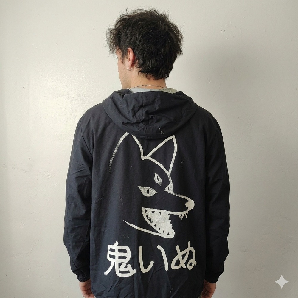 Marble Soda Oni Inu Jacket Mens Large Black Hooded Snap Windbreaker Streetwear